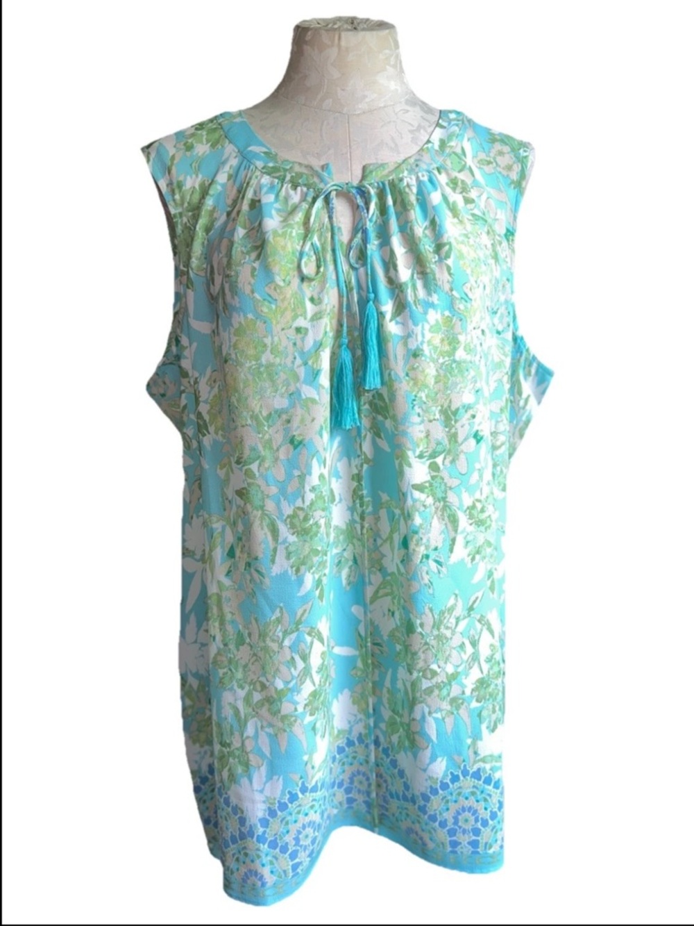 Rose & Olive Sleeveless Floral Tassel Tie Neck Top - Aqua